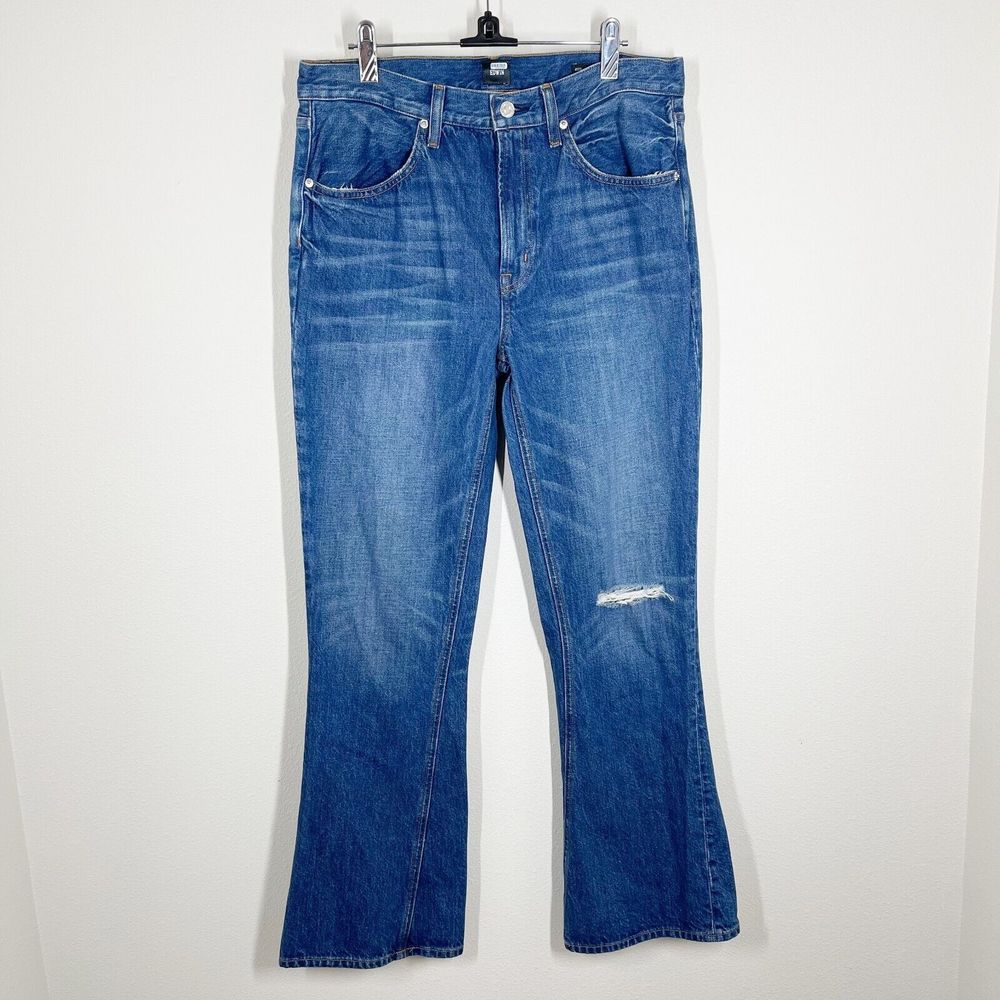 Edwin Averi‎ Flare Jeans Womens Size 29 Pretender Med Wash Distressed High Rise